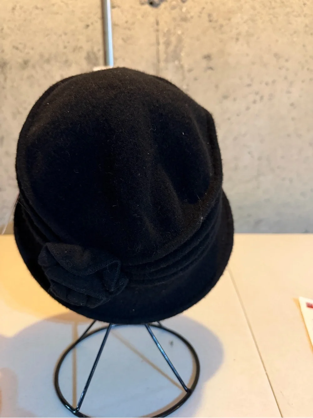 Black Wool Cloche Hat with Rosette